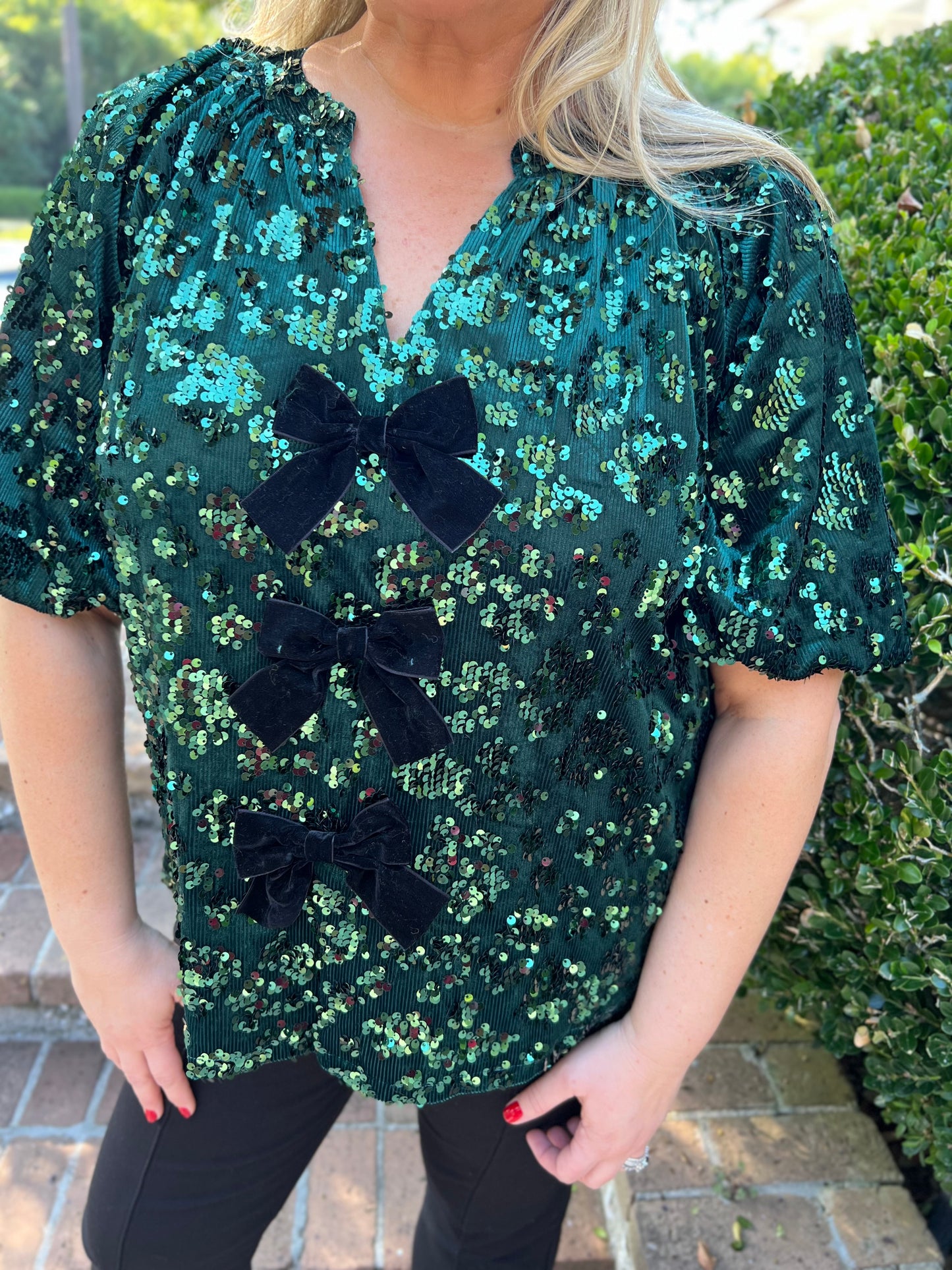 Time For Celebration Green Sequin Bow Top