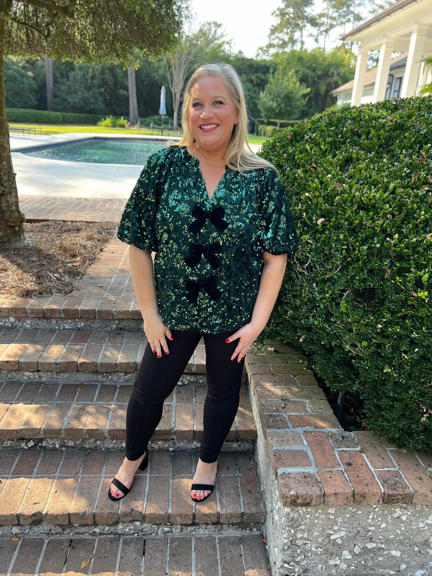 Time For Celebration Green Sequin Bow Top