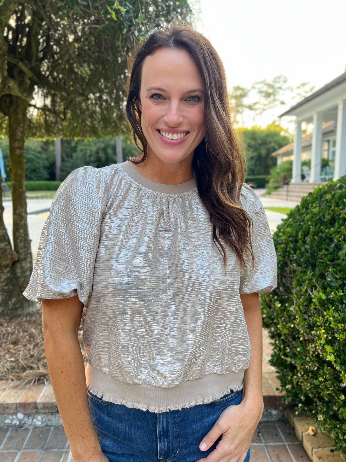 Lauren Taupe Foil Puff Sleeve Top