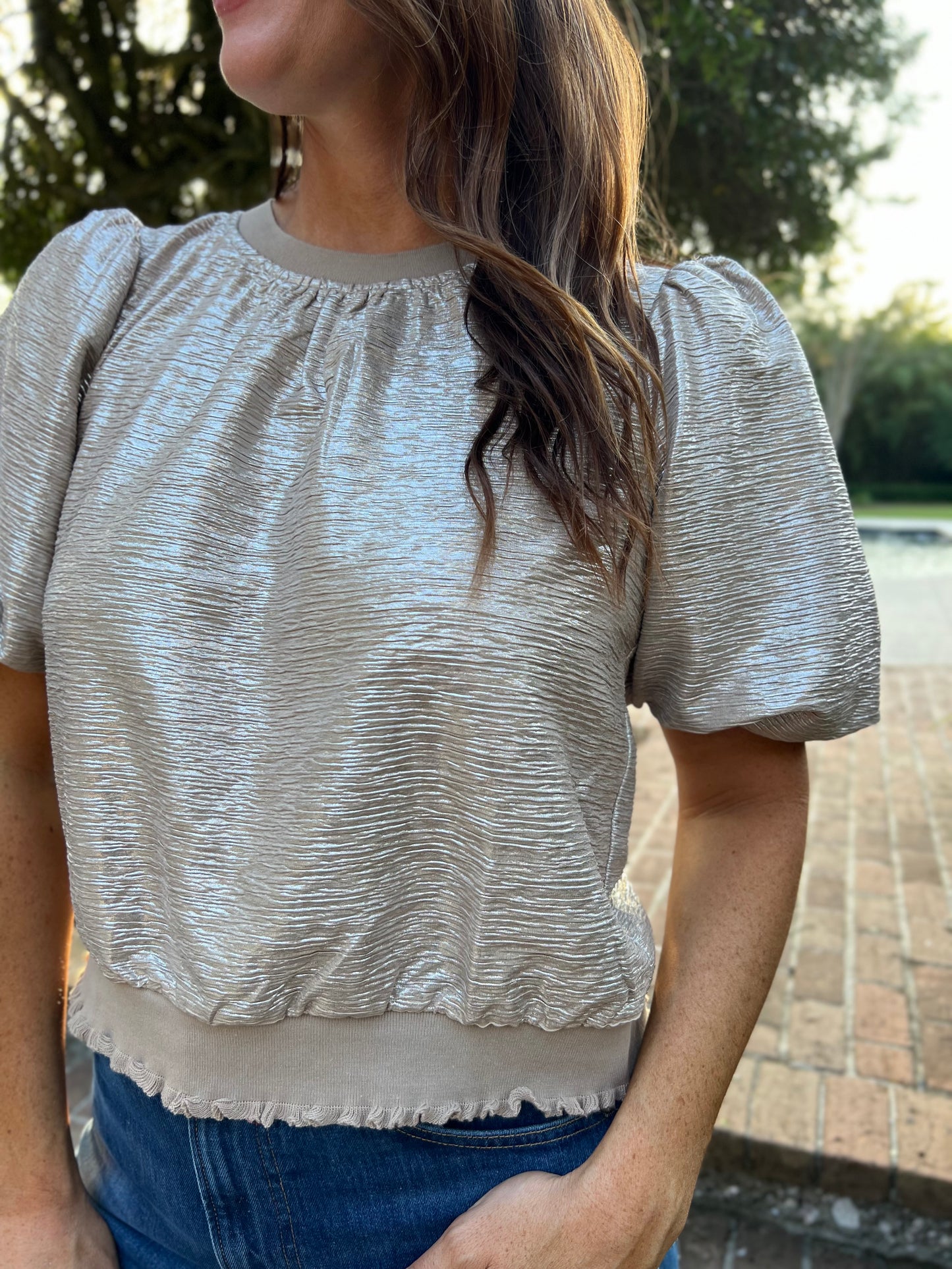 Lauren Taupe Foil Puff Sleeve Top