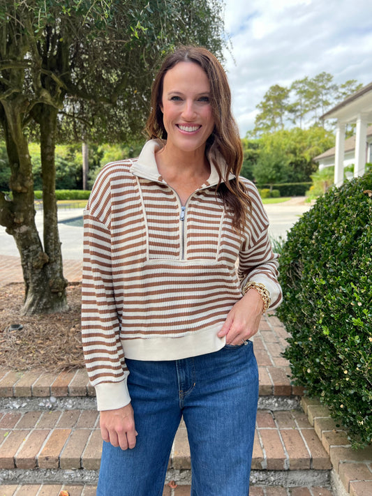 Look Your Way Camel Stripe Half Zip Pullover