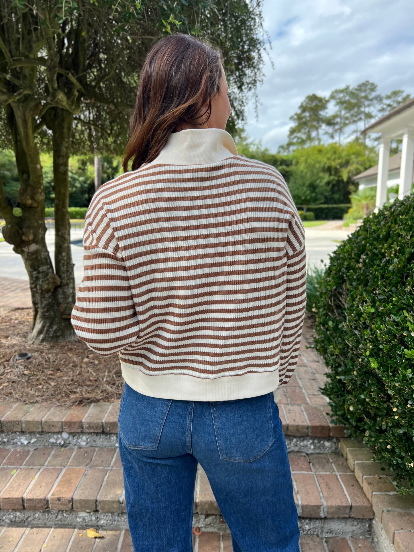 Look Your Way Camel Stripe Half Zip Pullover