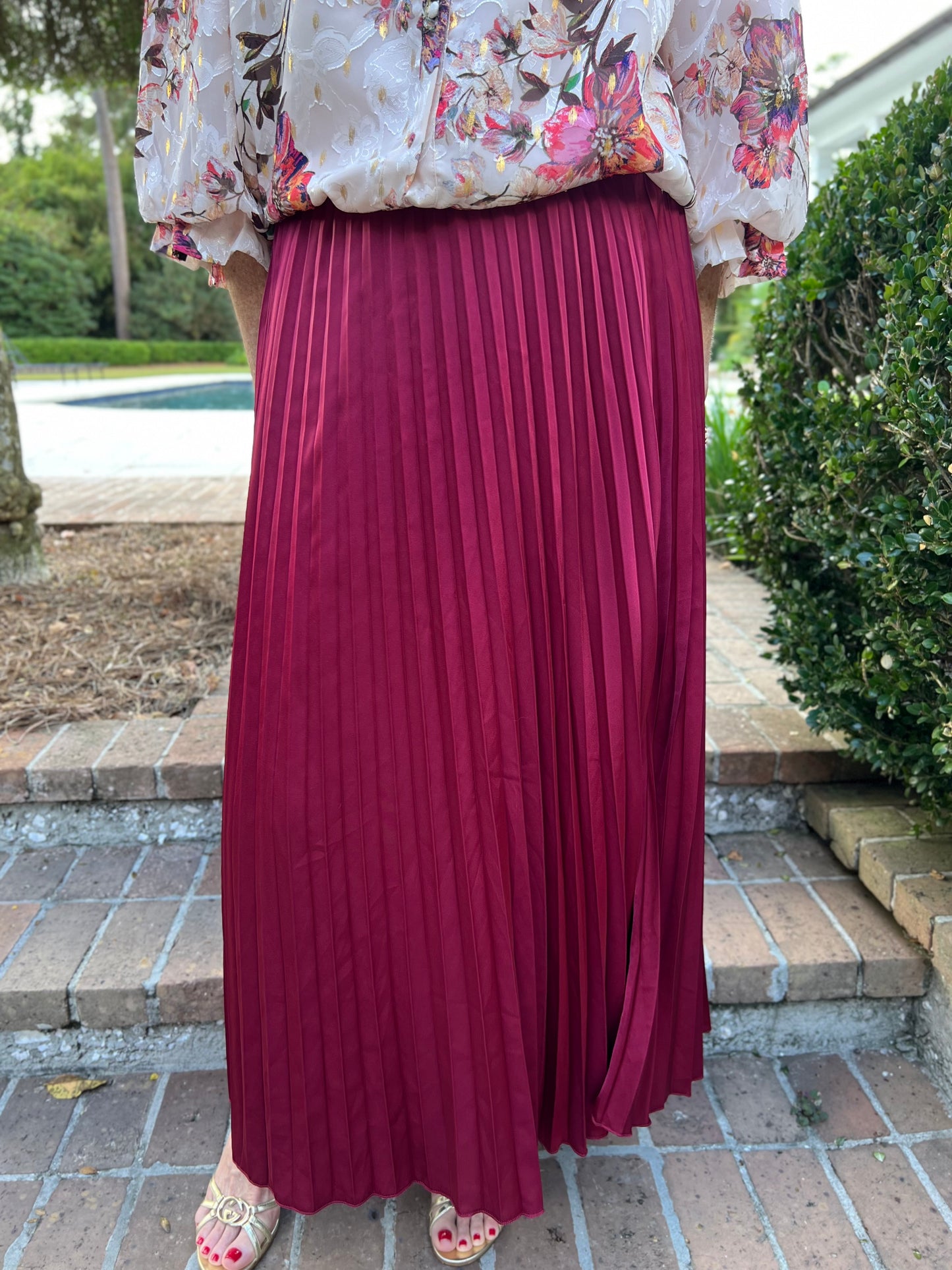 Wishing On Wine Burgundy Pleated Midi Skirt