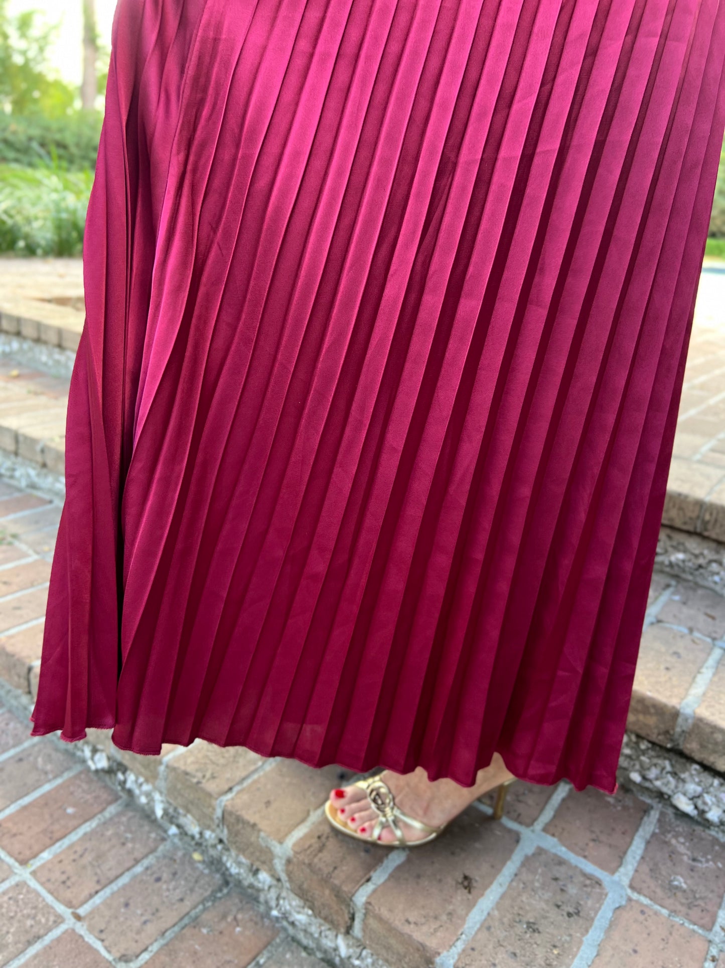 Wishing On Wine Burgundy Pleated Midi Skirt