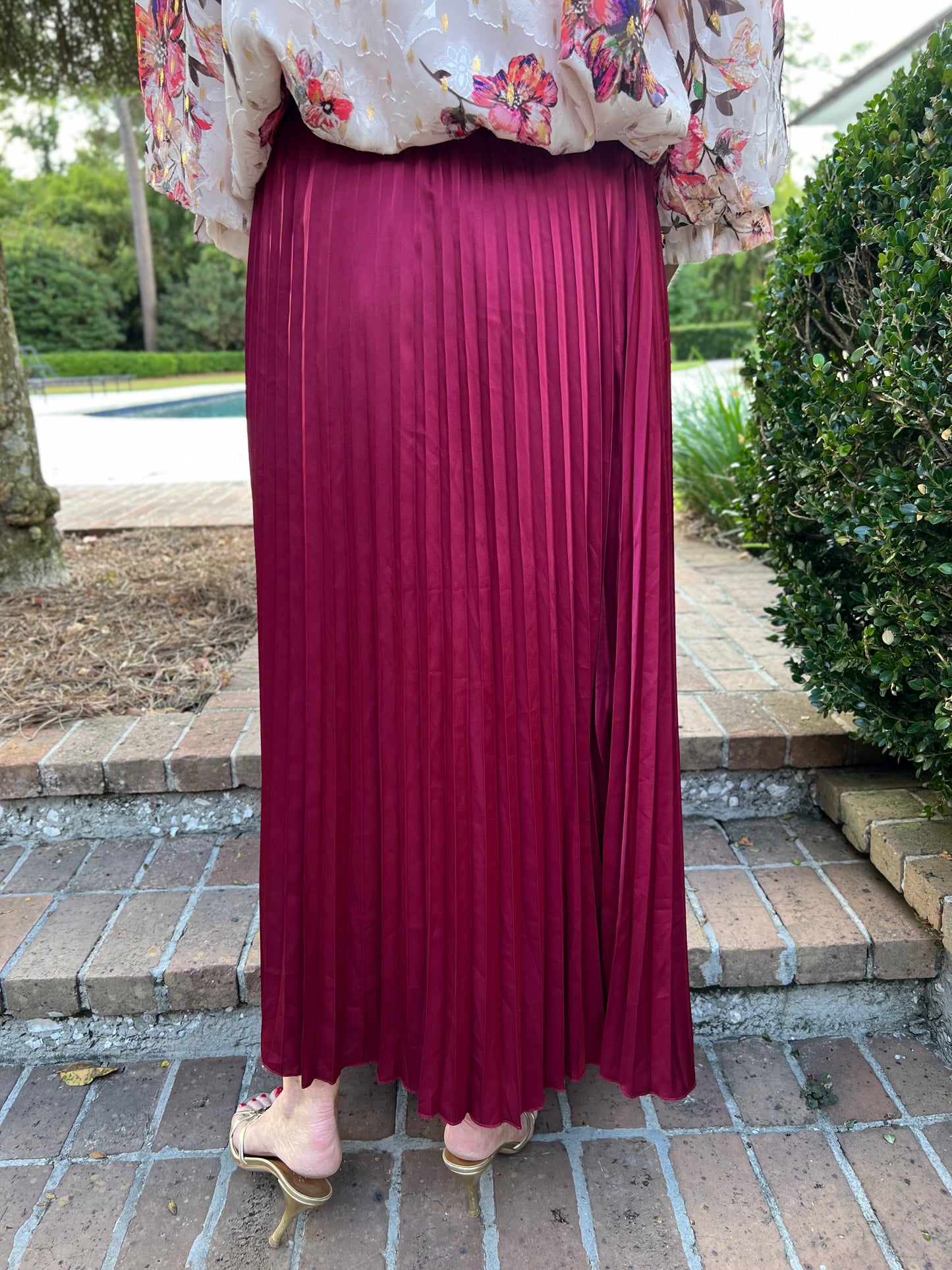 Wishing On Wine Burgundy Pleated Midi Skirt