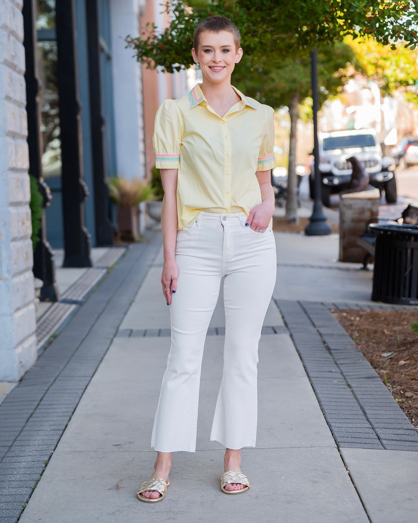 Faye Button Down Top W/ Pastel Rainbow Trim