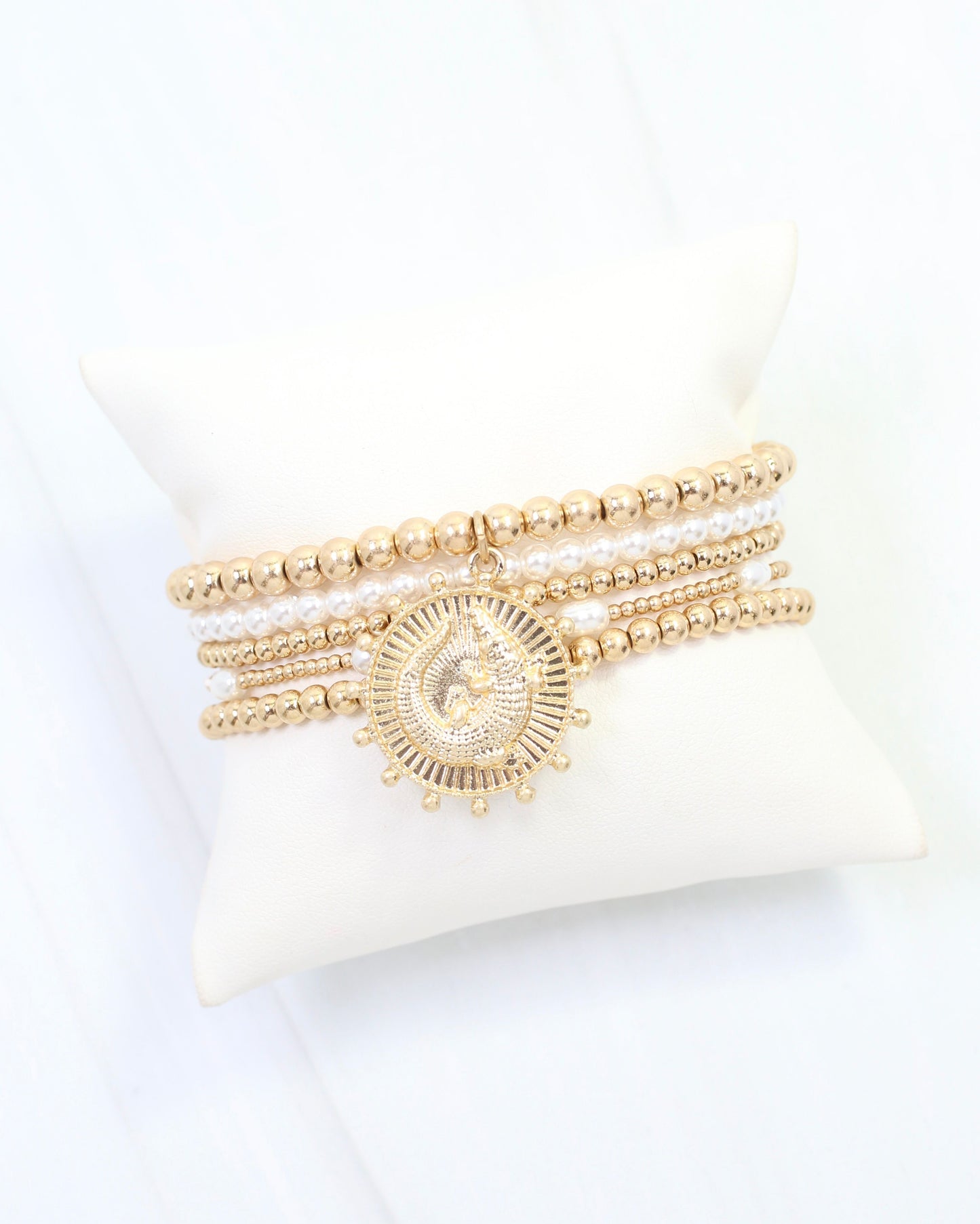 Carmen Coin Beaded Bracelet Set Alligator Worn Gold