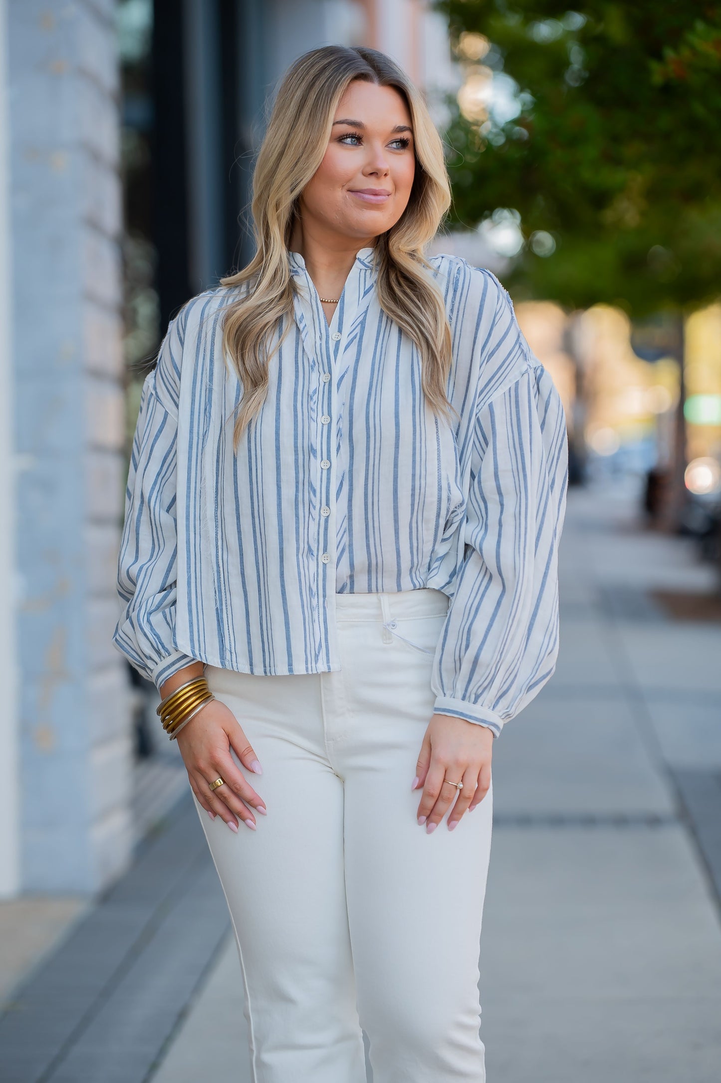 Kat Double Cloth Striped Shirt-Blue