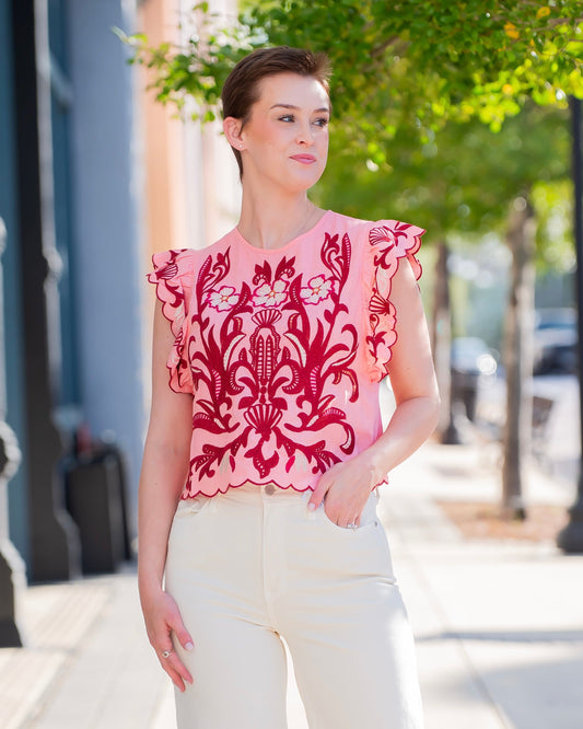 Ansonia Flutter Sleeve Embroidery Detail Top