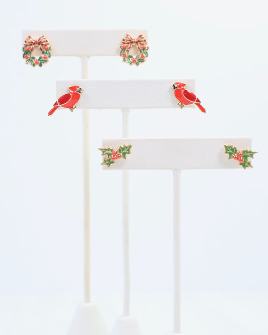 Wreath and Holly Earring Set Gold