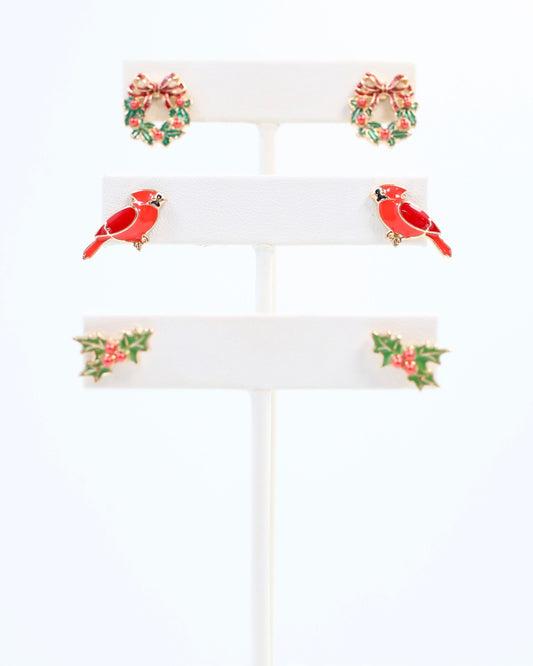 Wreath and Holly Earring Set Gold