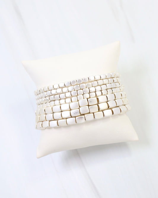 Durham Square Beaded Stretch Bracelet Set Matte Silver