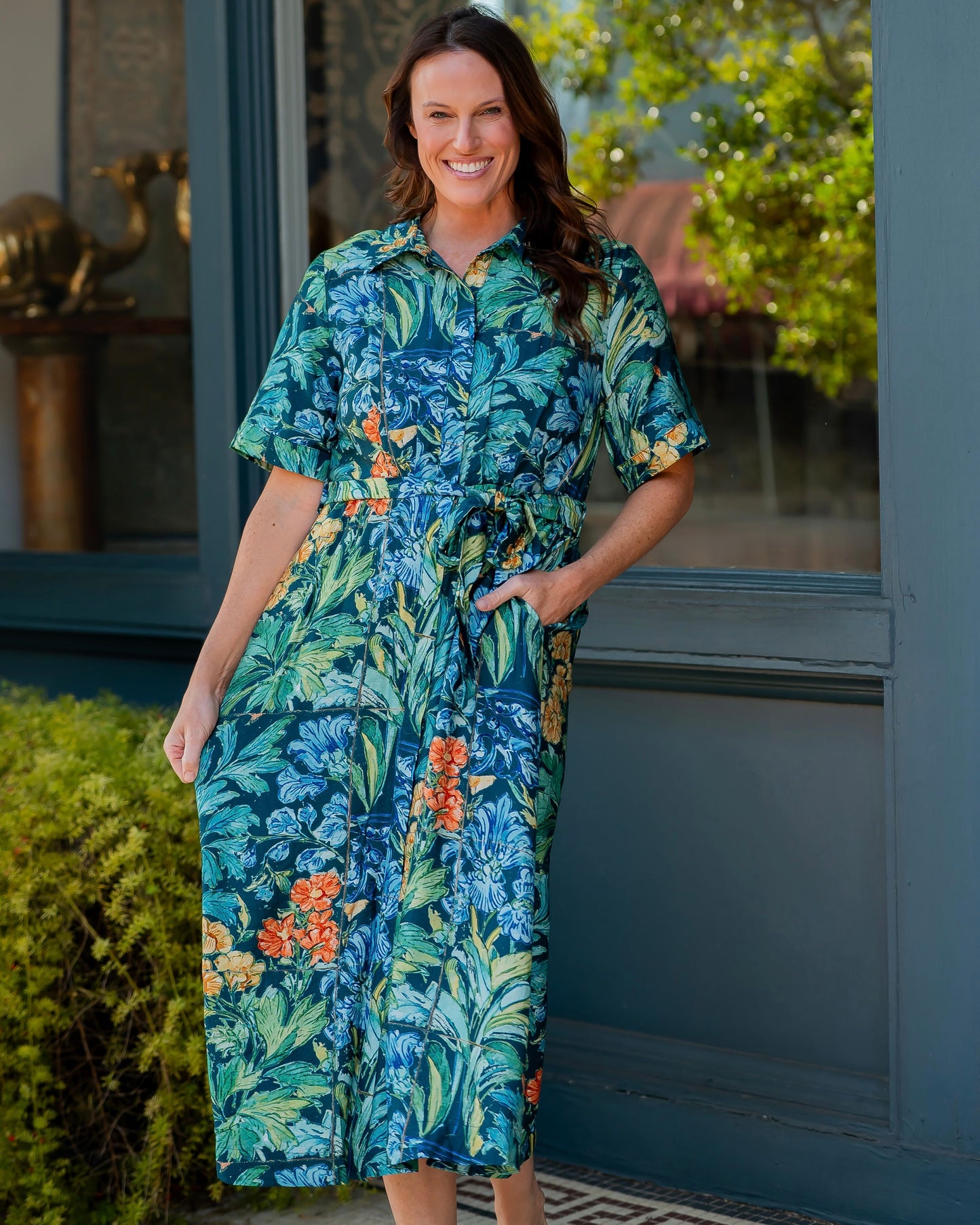 Maya Tropical Print Button Down Dress-Navy