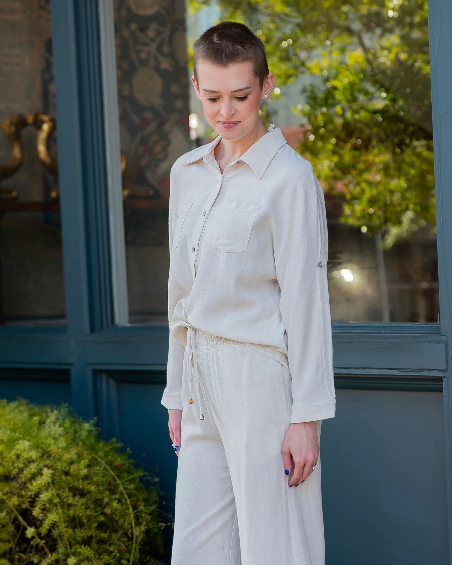 Lola Linen Long Sleeve Button Down Top-Natural