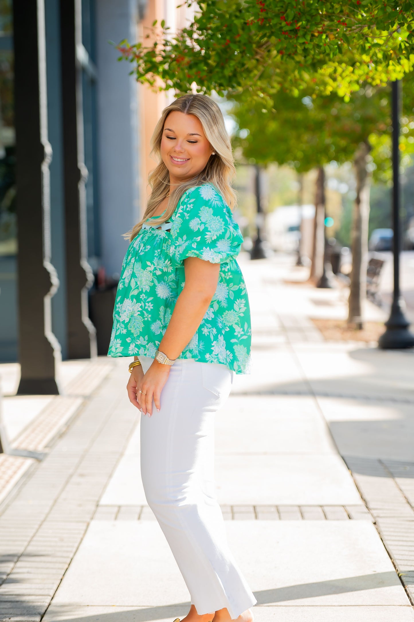 Hazleton Floral Printed RicRac Detail Top