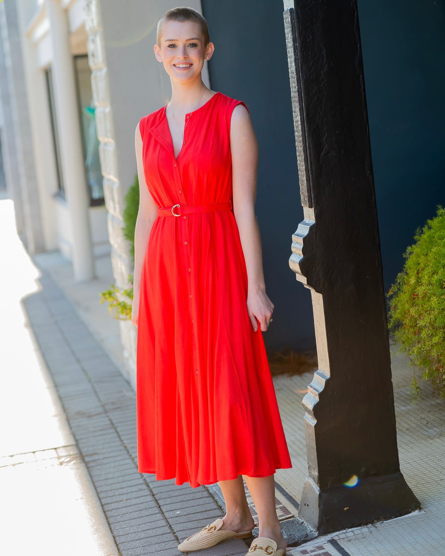 Blossom Red Linen Belted Dress