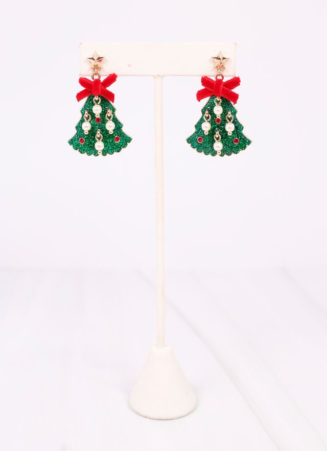 Christmas Tree Earring with Bow and Pearls GREEN