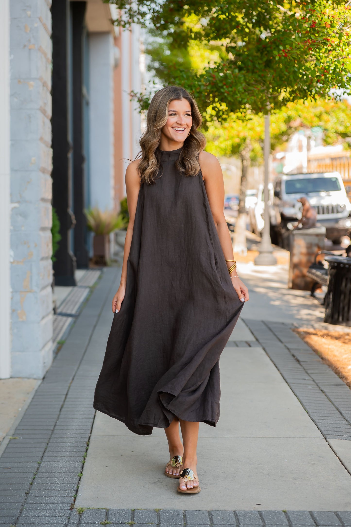 Madrid Mock Neck Linen Dress - Chocolate