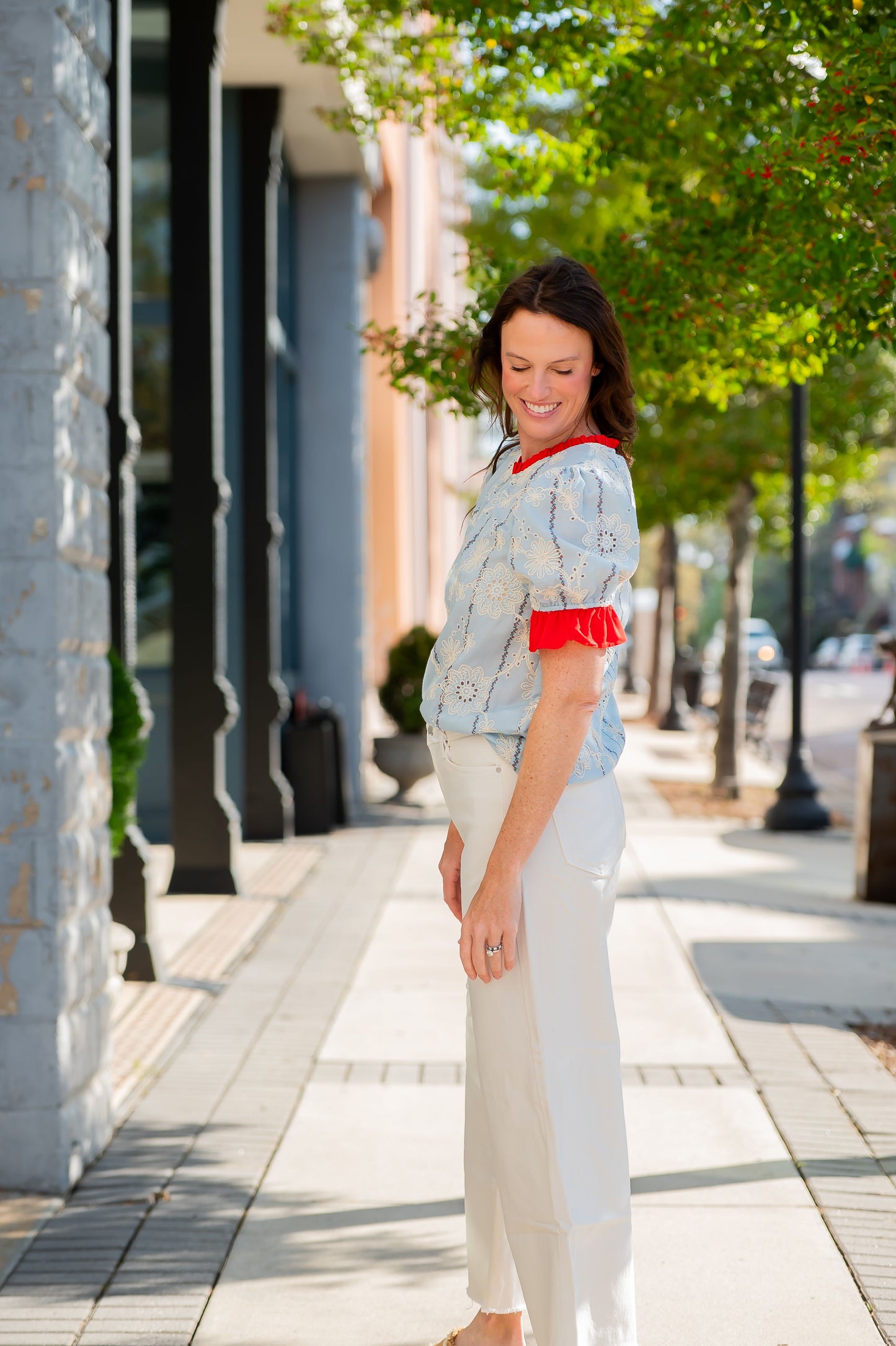 Hervie Ruffled Detail Floral Eyelet Embroidered Top