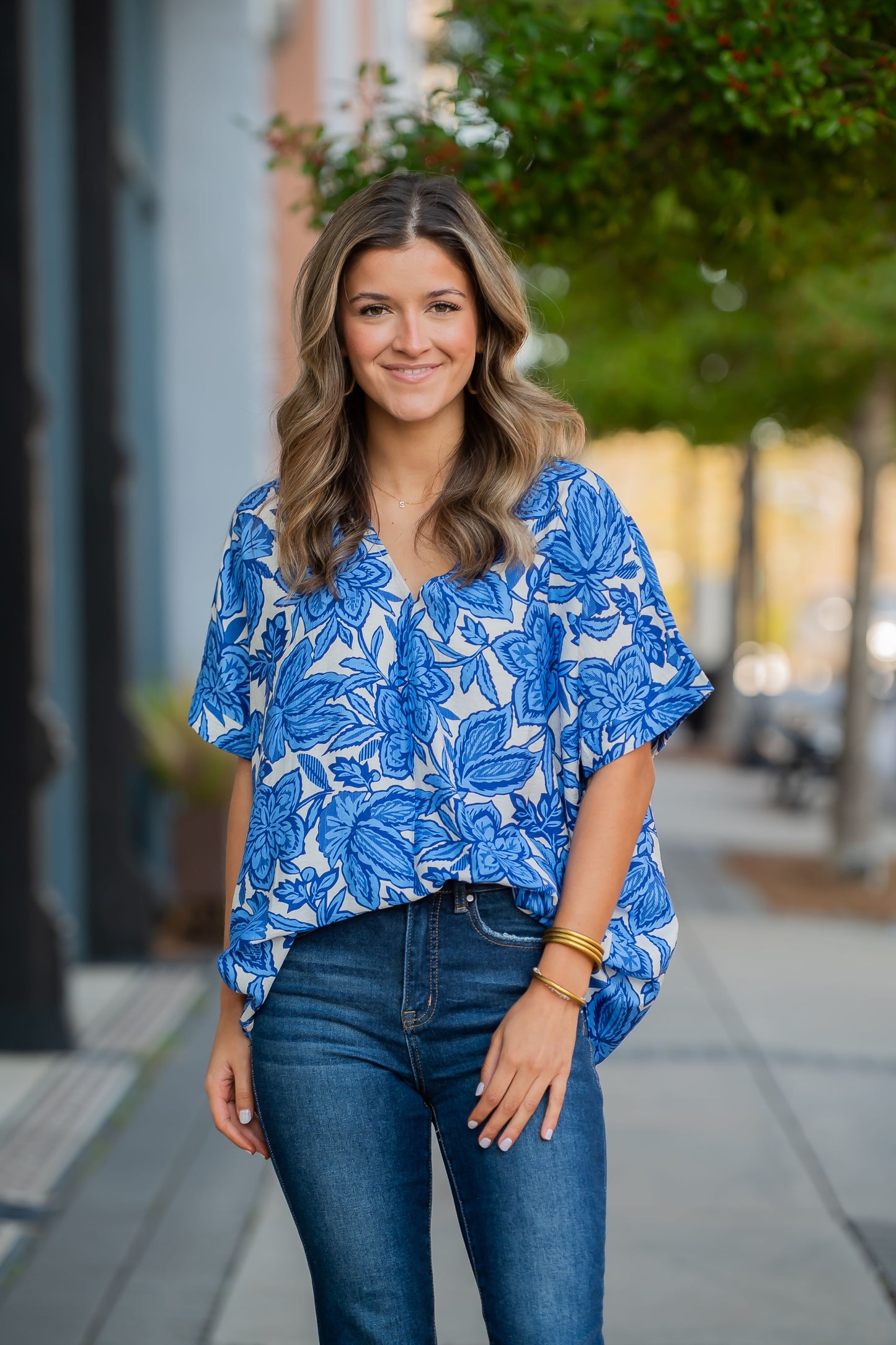 Maryville Drop Shoulder Floral Top-Blue