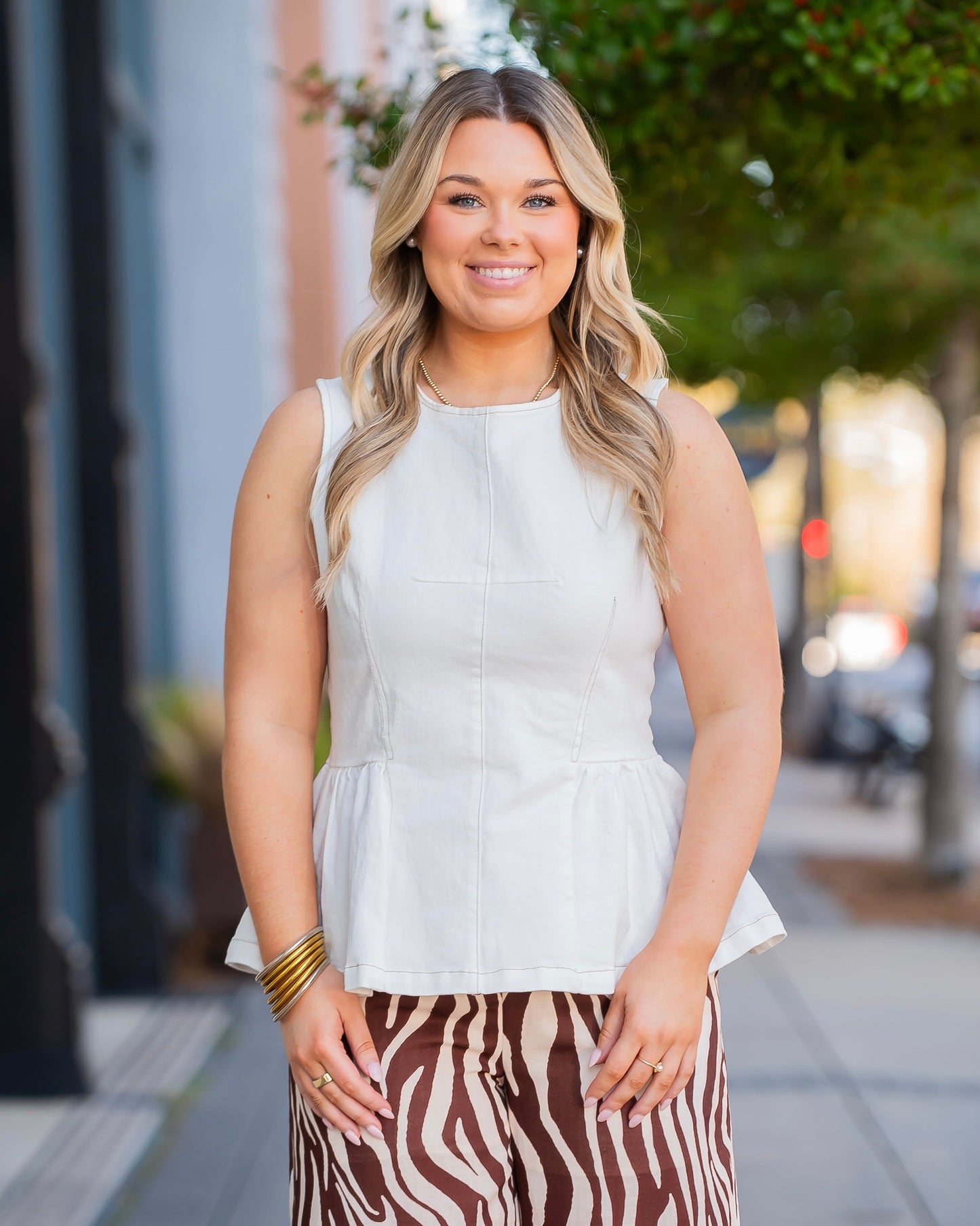 Gianna Solid Sleeveless Peplum Top-Off White