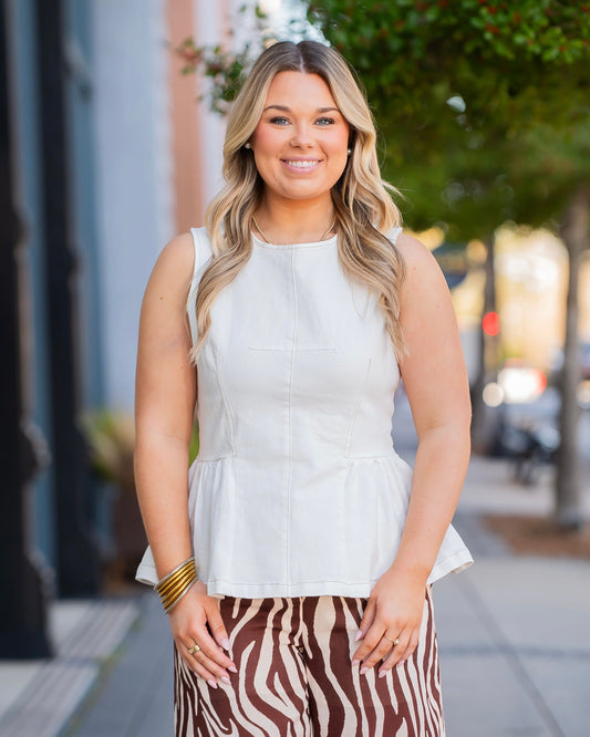 Gianna Solid Sleeveless Peplum Top-Off White