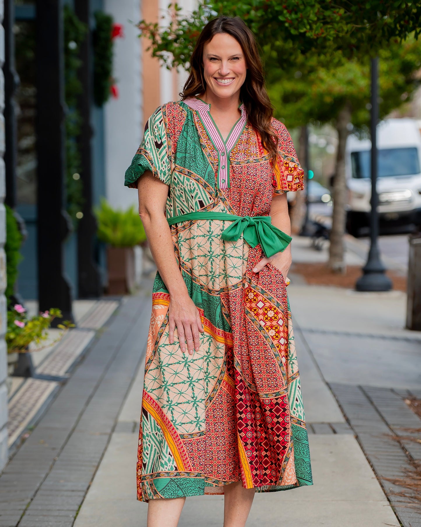 Berwyn Patchwork Maxi Dress-Green Mix