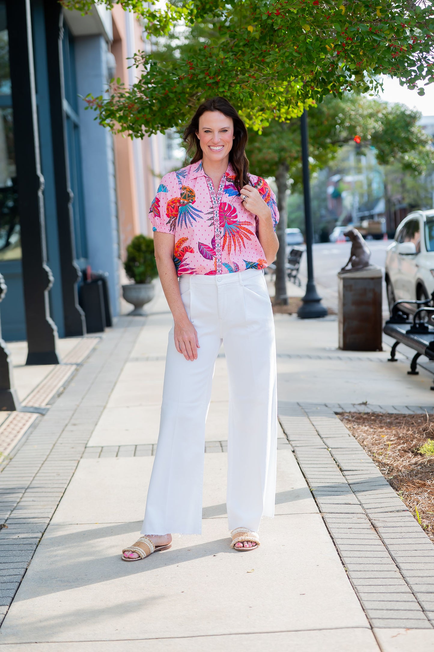 Kate Tropical Print Button Down Top