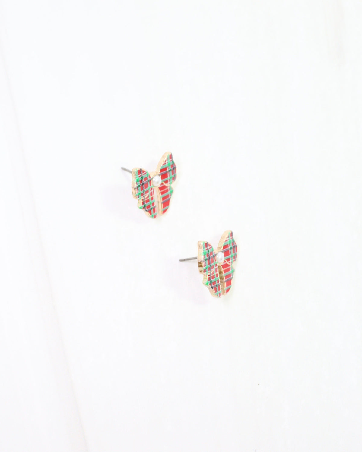 North Pole Plaid Bow Stud Earring Red Green