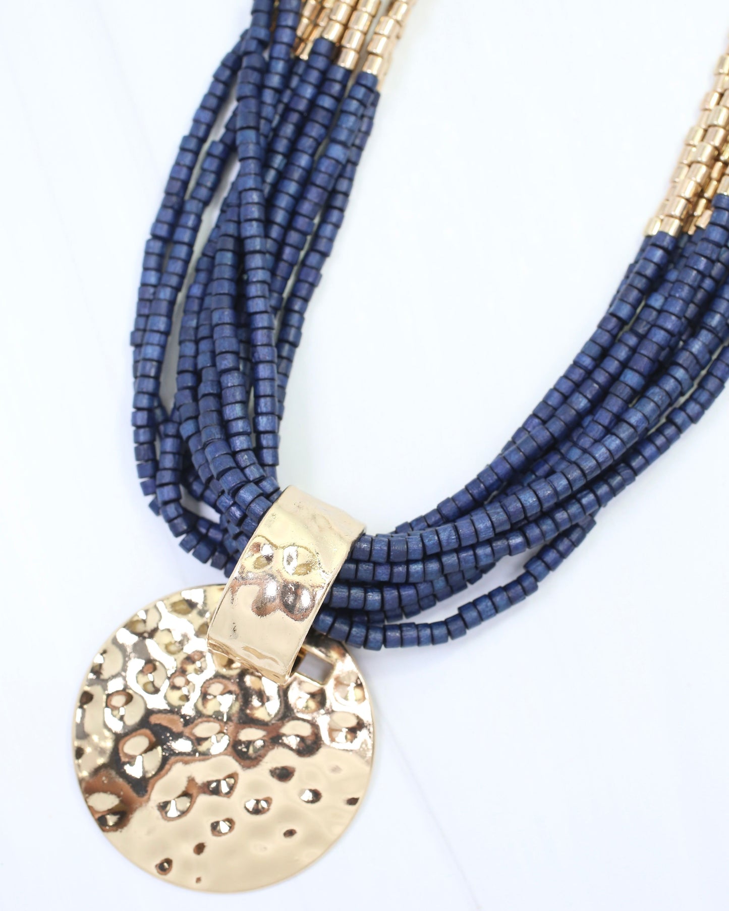 Marbella Layered Wooden Bead Necklace with Pendant Navy