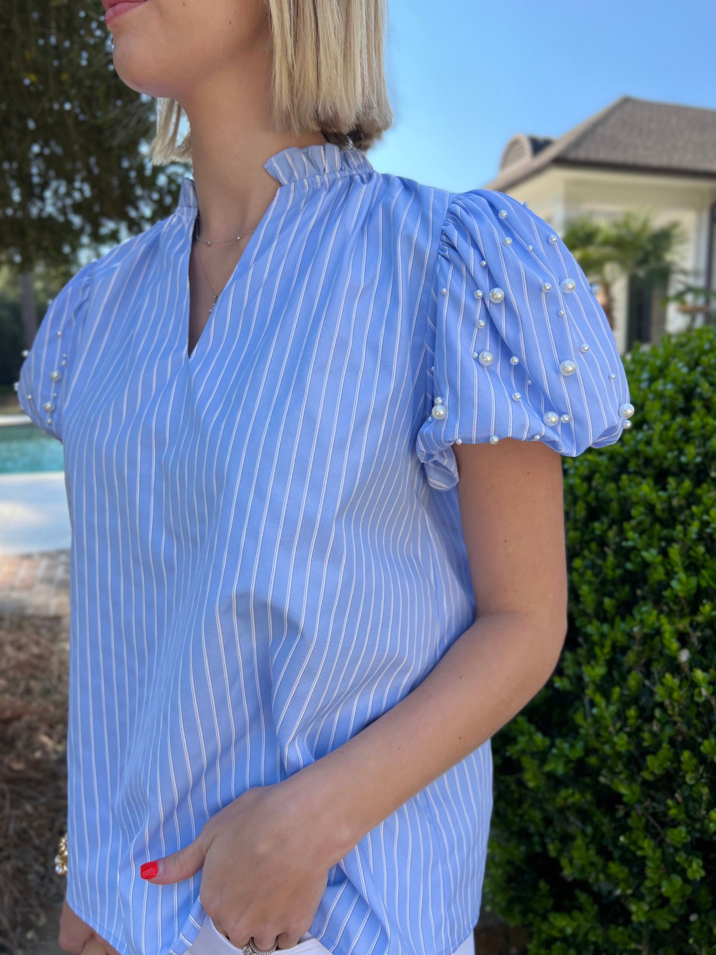 Meeting Time Blue Stripe Short Sleeve Top