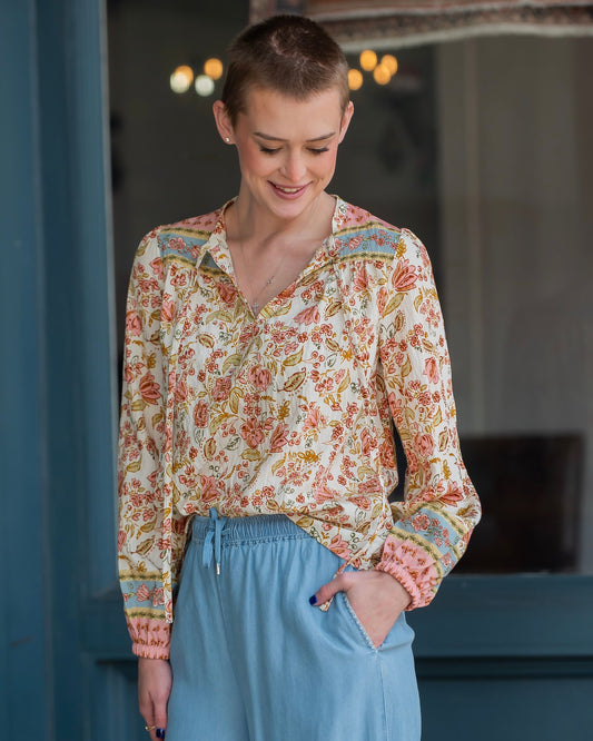 Pekin Printed Tie Neck Peasant Blouse