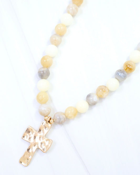Kathryn Hammered Cross Beaded Necklace Ivory