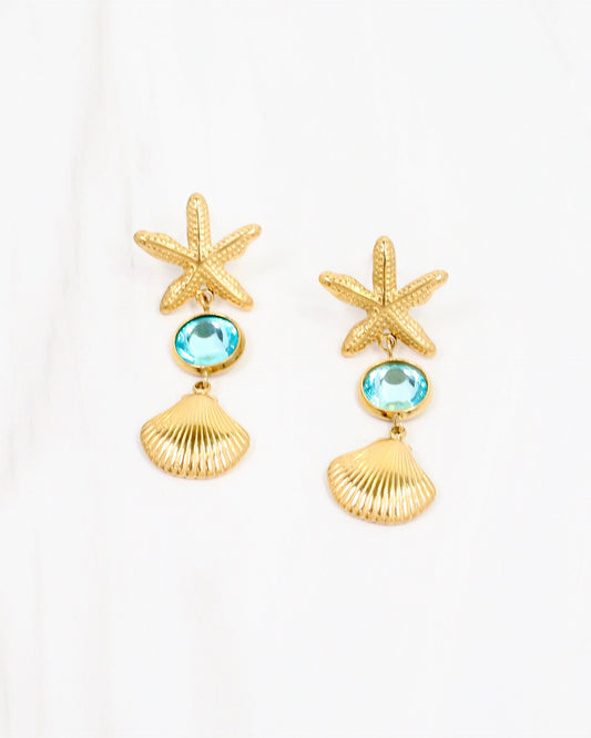 St Joe Starfish and Shell Earring WP Gold