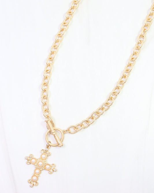 Moriah Cross Pendant Toggle Necklace PEARL