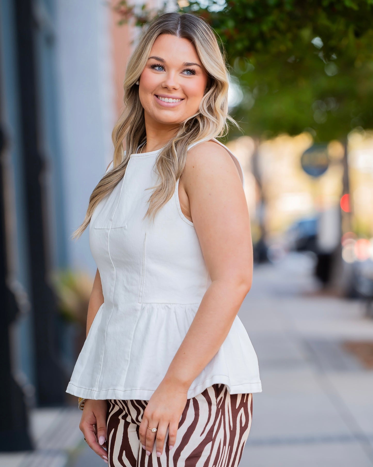 Gianna Solid Sleeveless Peplum Top-Off White