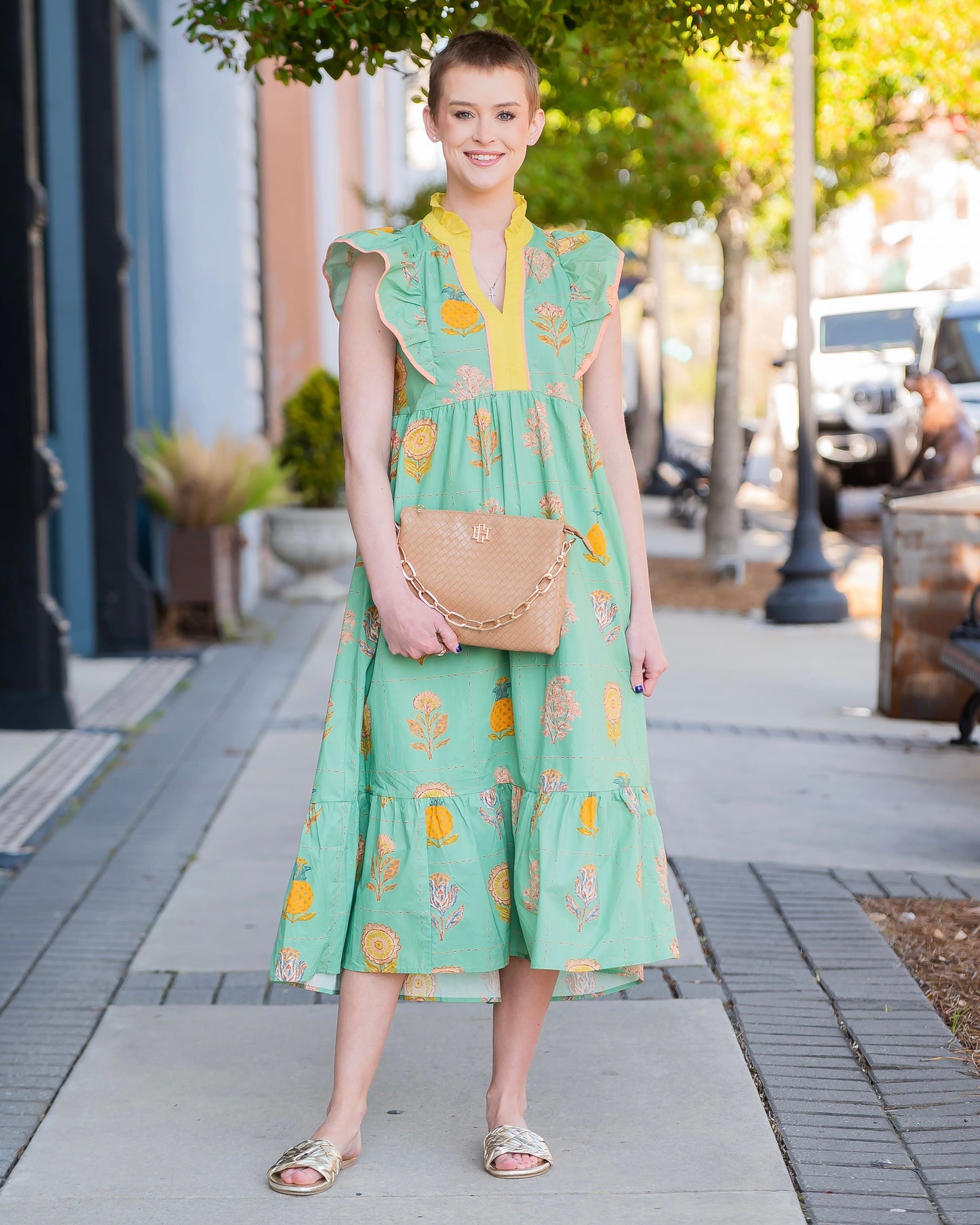 Aria Floral Print Midi Dress with Ruffle Sleeves