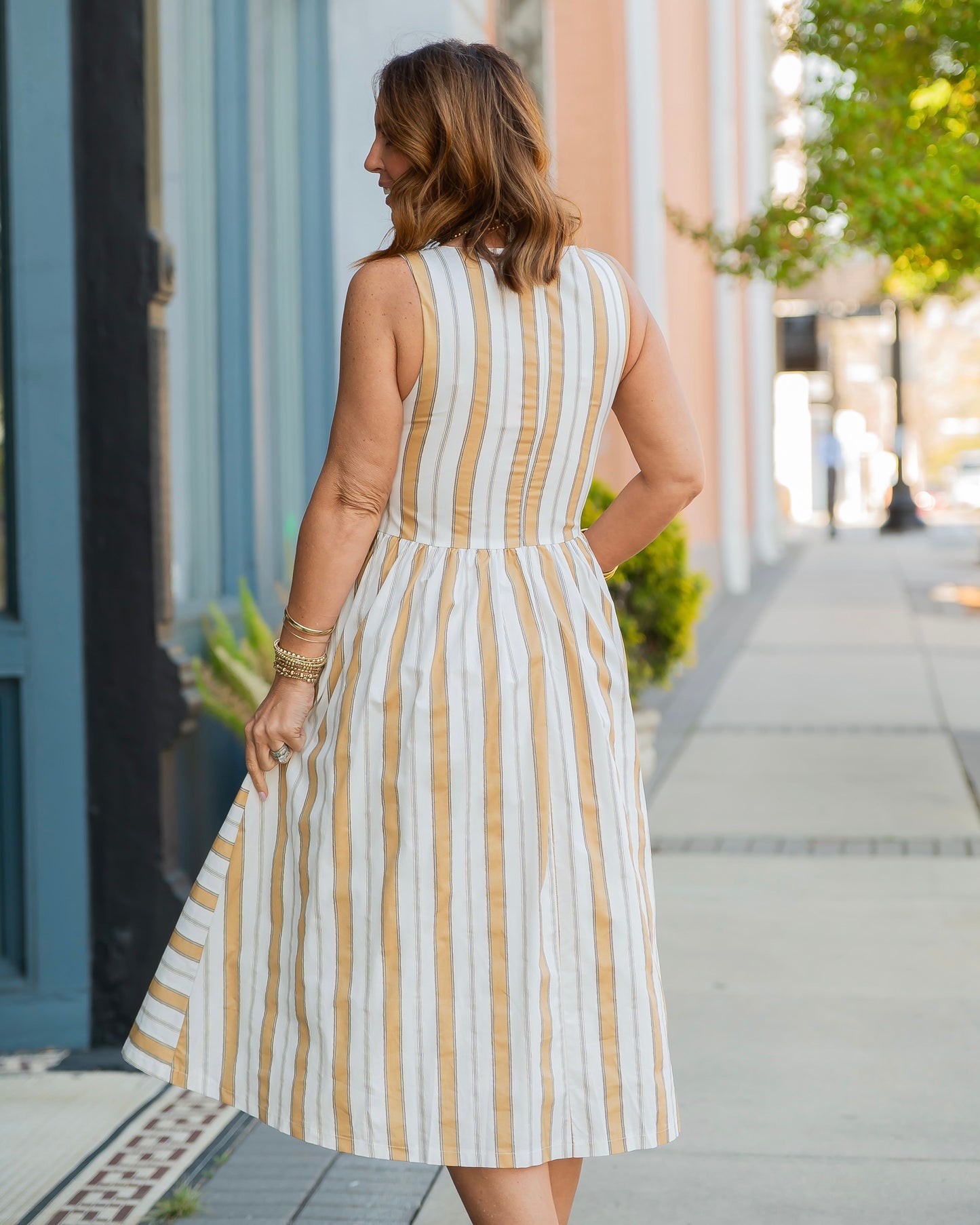Amberglow Sleeveless Striped Midi Dress