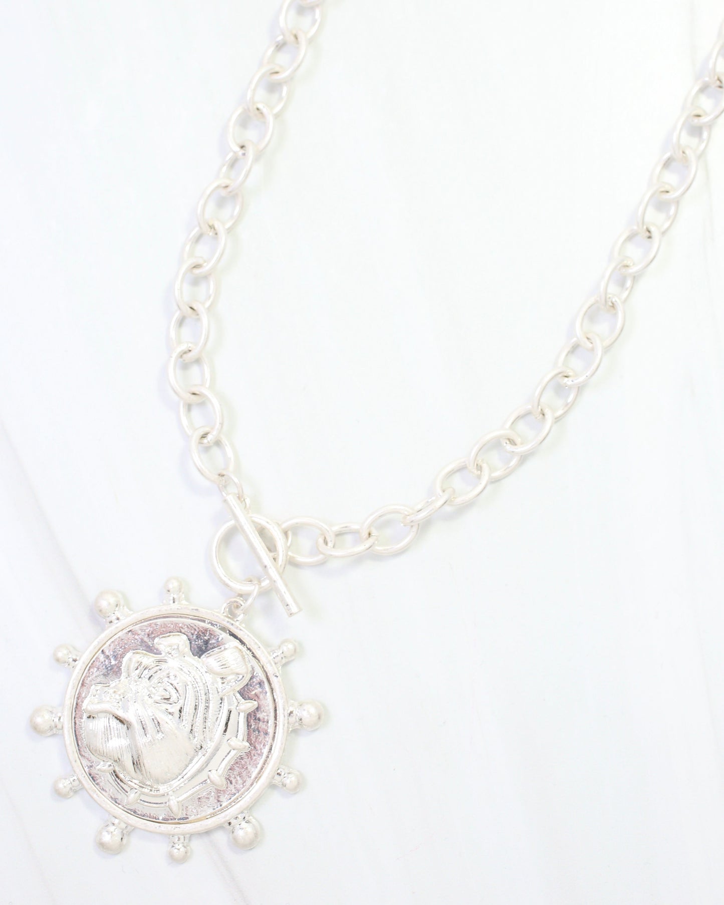 Collin Dog Coin Toggle Necklace Worn Silver