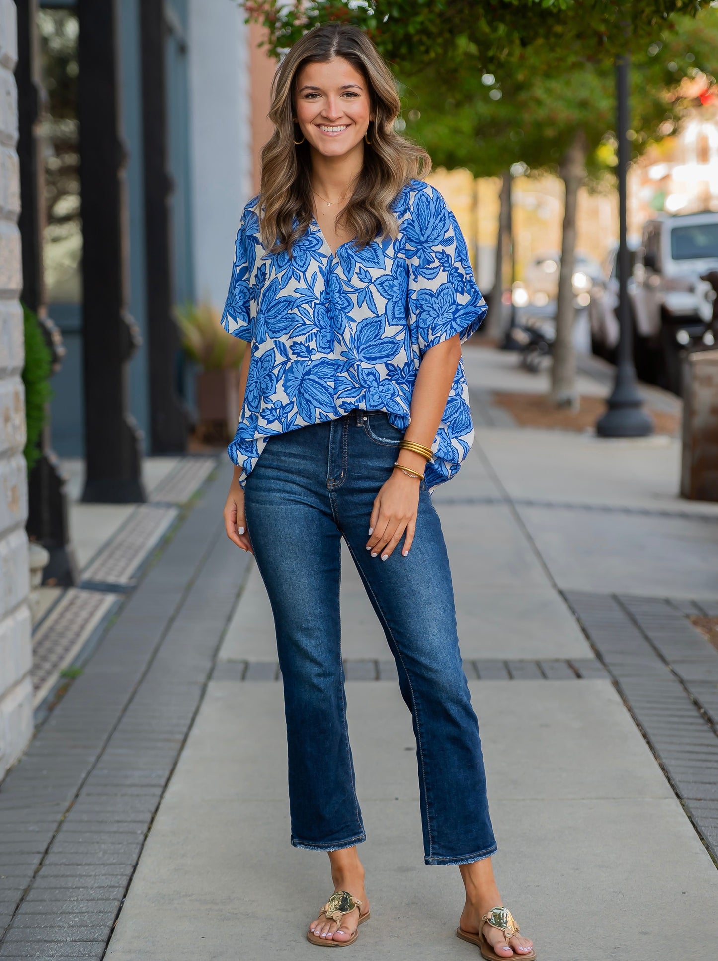 Maryville Drop Shoulder Floral Top-Blue