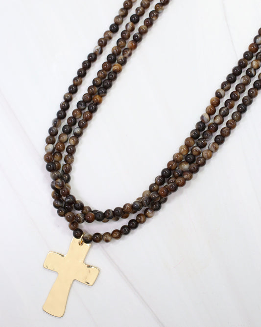 Barstow Layered Beaded Cross Necklace Brown