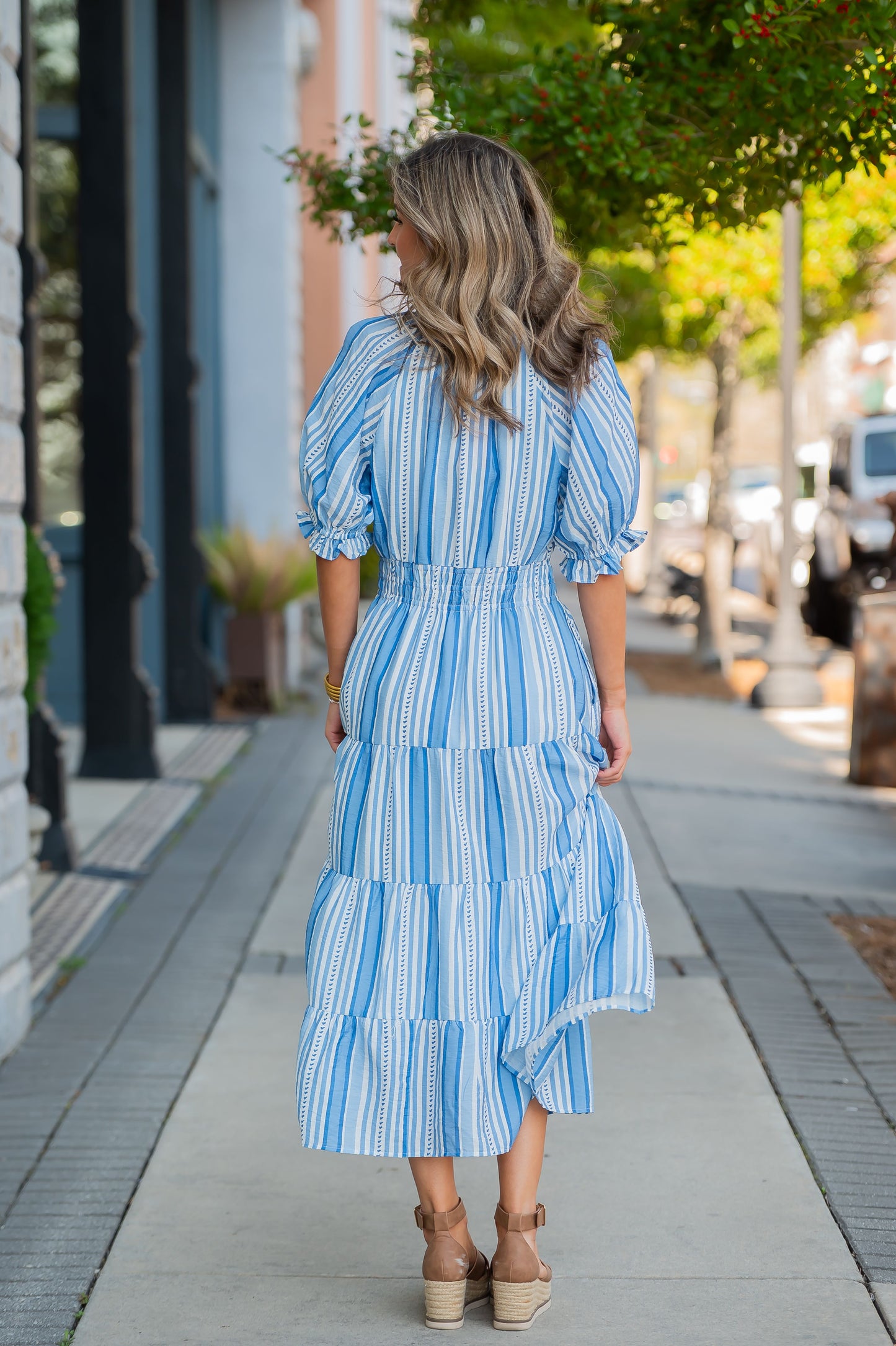 Moonshade Puff Sleeve Striped Dress