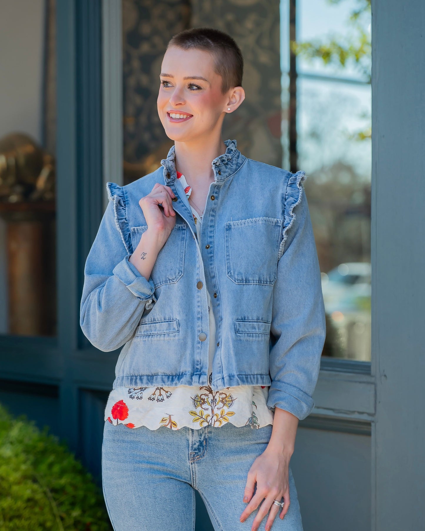 Alton Ruffle Collar Washed Denim Jacket