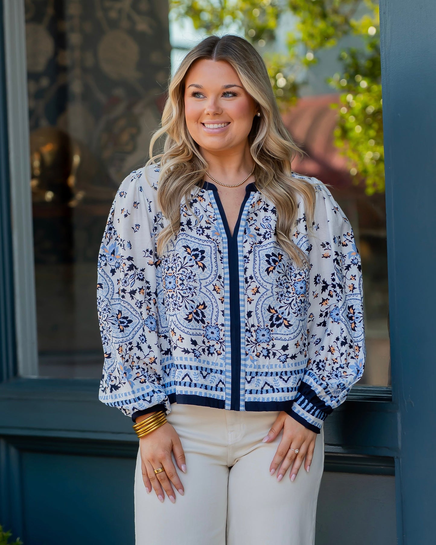 Maywood Printed Long Sleeve Blouse-Blue