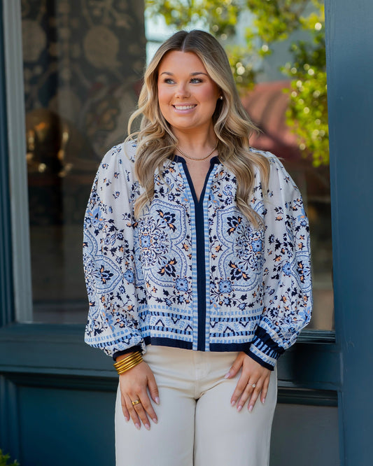Maywood Printed Long Sleeve Blouse-Blue