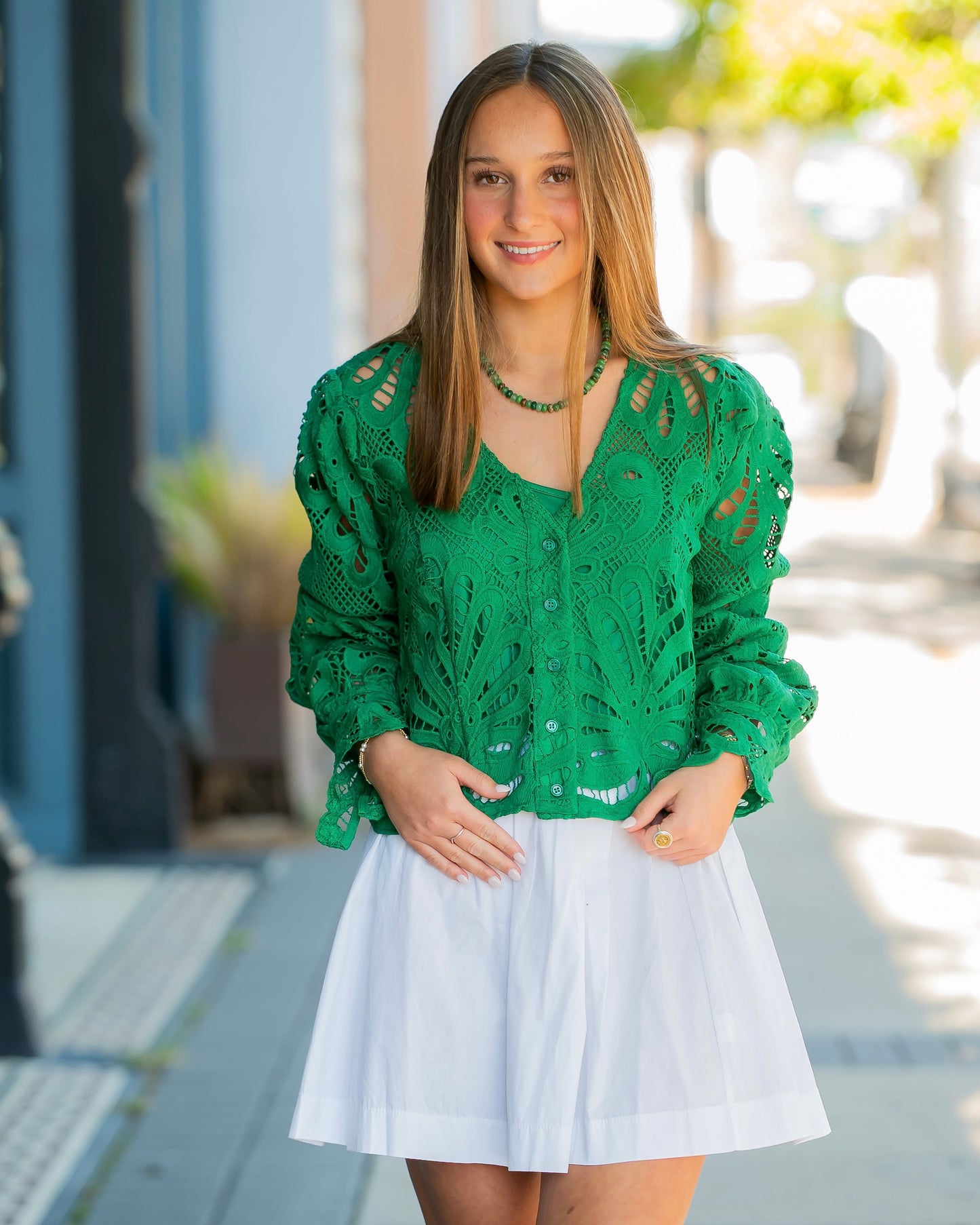 Fontaine Embroidered Lace Button-front Blouse