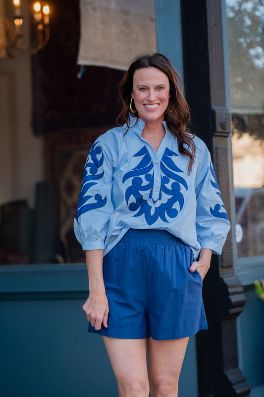 Dovie Solid Elastic Waist Shorts-Navy