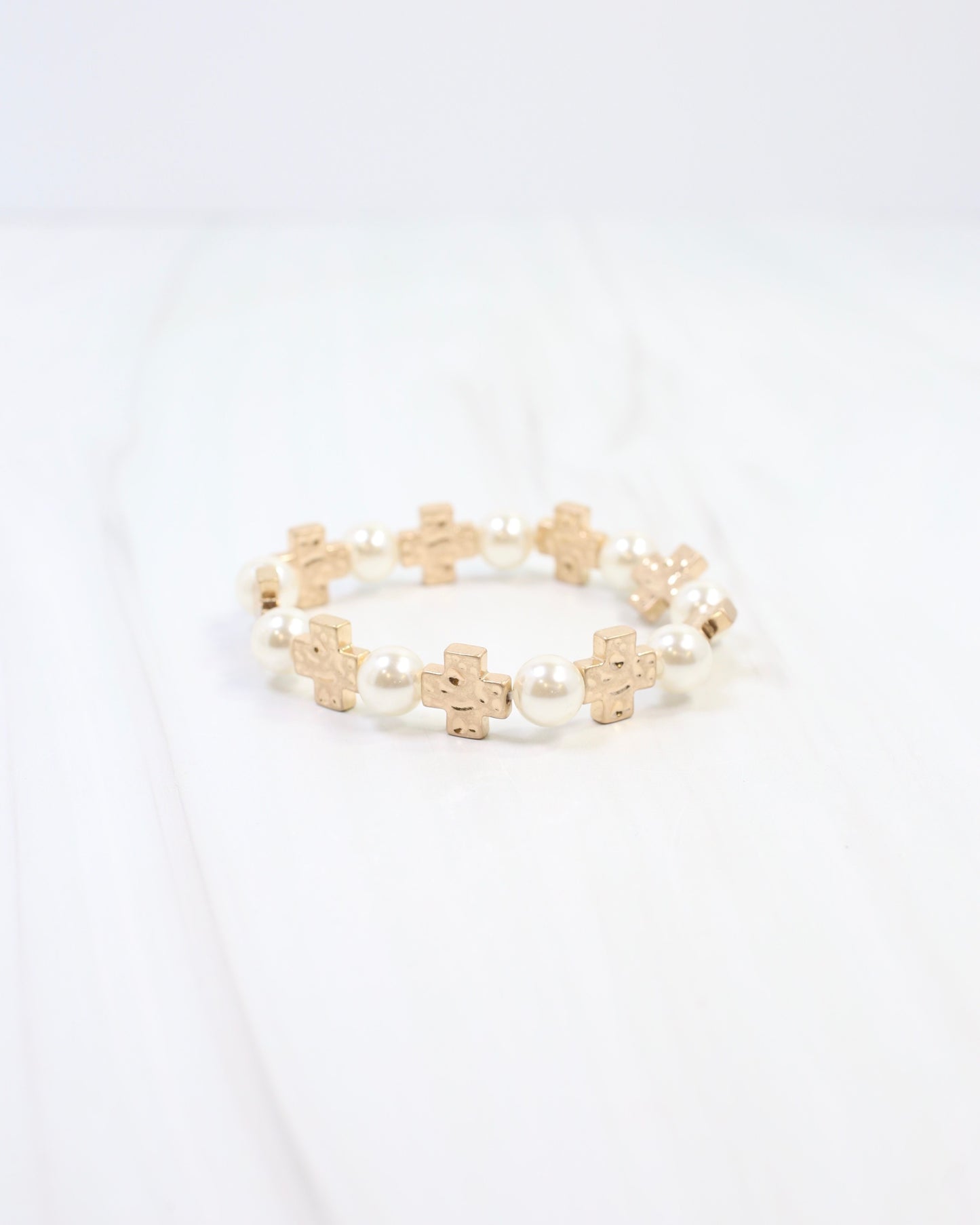 Lansing Pearl and Cross Stretch Bracelet Worn Gold