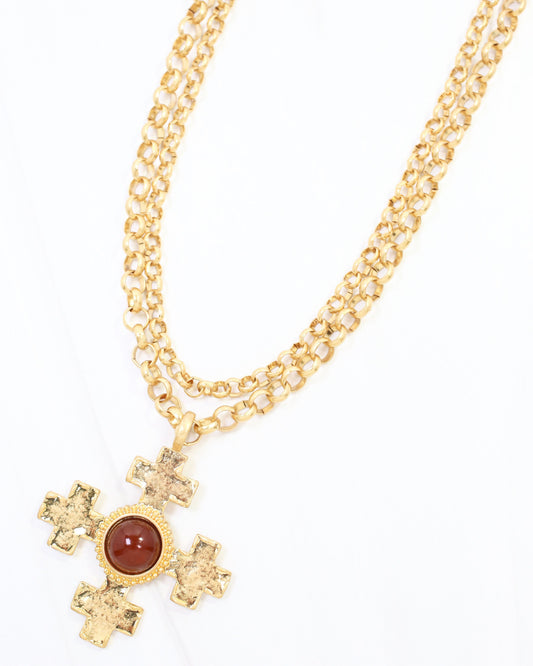 Highgrove Double Chain Cross Pendant Necklace Brown