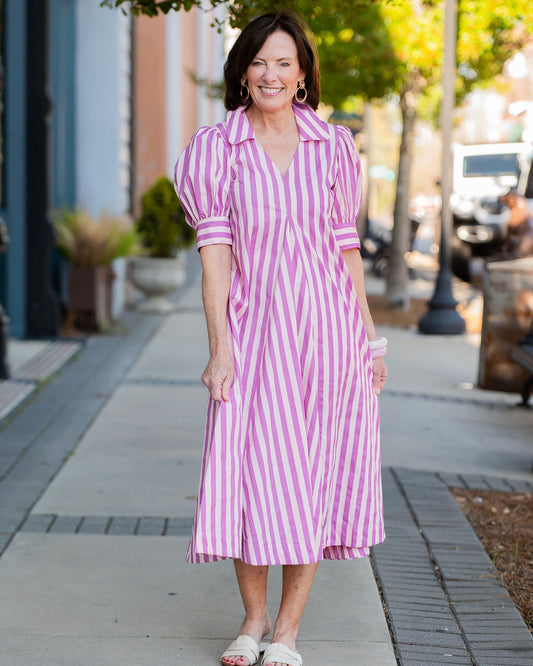 Genesis Striped V-Neck Midi Dress